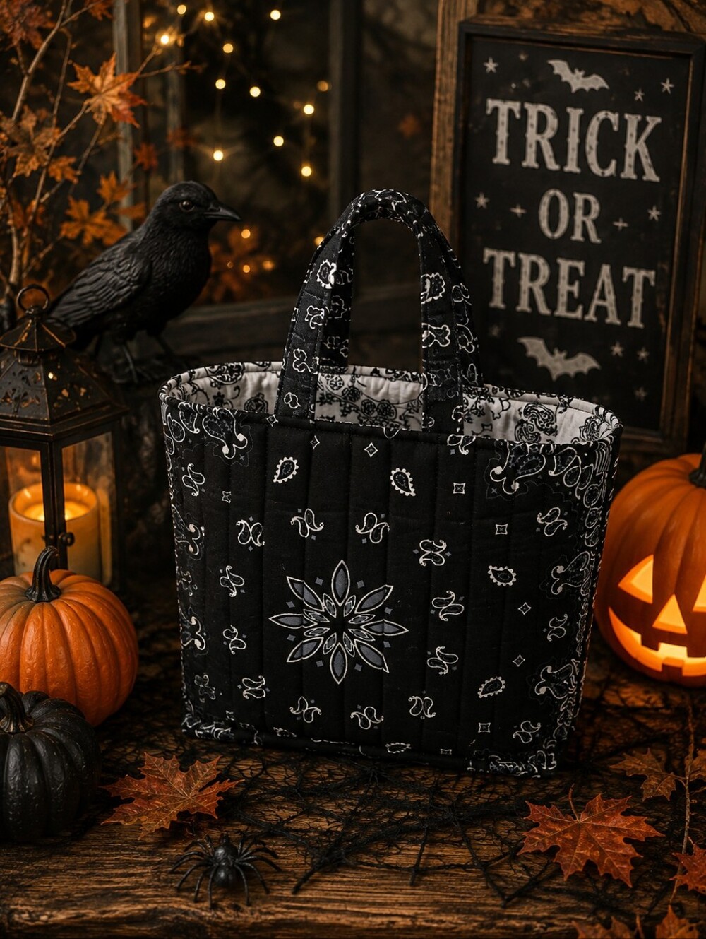 Handmade Black Bandana-Patterned Quilted Tote